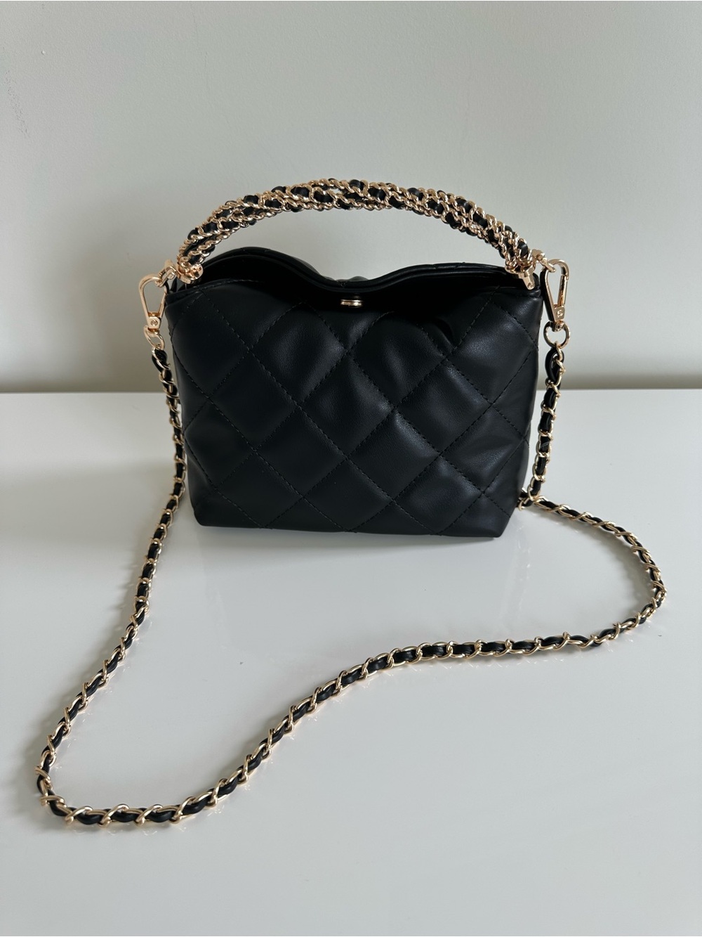 Black Quilted Crossbody with Gold Chain Trim